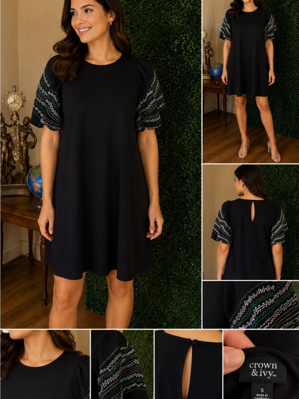 Ann Taylor Black Shift Dress with Embroidered Puff Sleeves